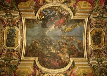 Vue du roi prenant Maastricht en treize jours en 1673 et le passage sur le Rhin en présence des ennemis en 1672, peinture de plafond de la Galerie des Glaces, 1678-86